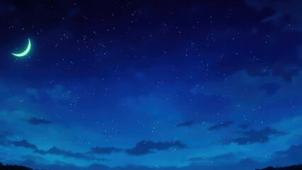 Fototapeta premium Serene night sky featuring crescent moon and numerous stars in a dark blue gradient with clouds