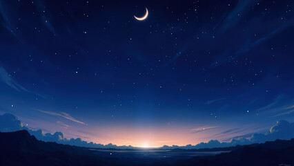 Serene night sky with crescent moon and stars above a gentle landscape illuminated by dawn's light