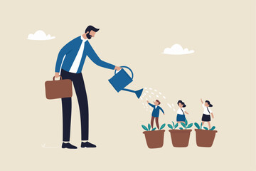 Talent development, career growth, training or coaching staff develop skill, employee improvement, HR human resources concept, businessman manager watering growth talented staff in grow seedling pot.