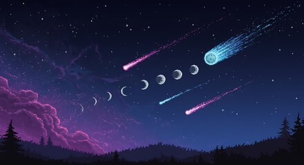 Pixel art night sky with shooting stars and phases of the moon over a forest.