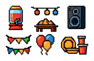 Party celebration pixel art icons set – isometric, festive, event planning graphics