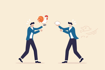 Business argument, conflict or disagreement, wasted meeting time arguing with no result, controversy question concept, businessman colleagues arguing or fight about chicken vs egg who come first.
