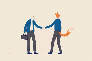 Dishonesty business deal, fraud or scam, liar to take advantage from partner, cheat or hunting for business victims concept, businessman handshaking with one as a sheep victim and one as hunter wolf.