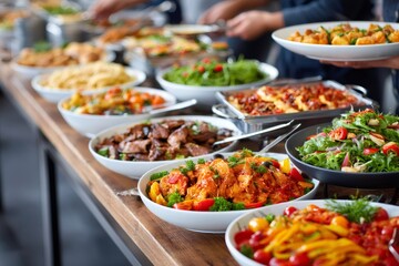 Chefs preparing delicious food for buffet catering service