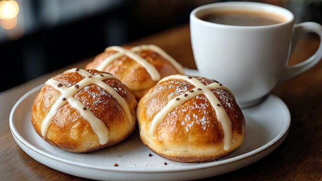 English cross buns and cup of coffee	