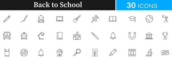 Fototapeta premium Back to school, school supplies, school gear, school shopping, back-to-school deals, school bags, backpacks, icon pack | Detailed Outline | Editable Stoke 30 icon | Victor illustrator.