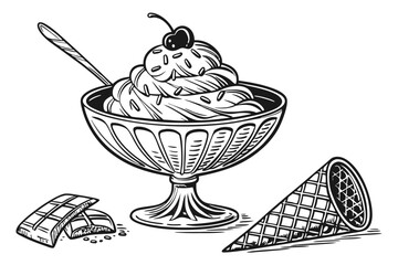 76 black and white sketch, detailed, ice cream sundae in glass bowl, whipped cream, cherry on top, waffle cone pieces, ice cream scoop, ornate glass bowl, high detail, old fashioned, vintage, engraved