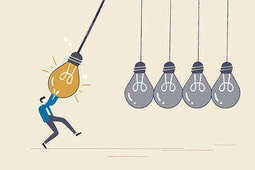 Knowledge sharing or skill transfer to inspire team, idea or creativity to motivate people or career improvement concept, businessman manager pull bright lightbulb as pendulum to transfer knowledge.