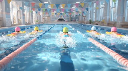 Kids swimming class in indoor pool with colorful flags
