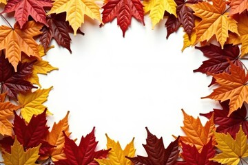 Obraz premium Autumnal foliage arranged in a circular frame on a white background, perfect for seasonal greetings or fall-themed designs.