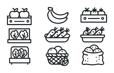 Fruits and vegetables outline icons set – linear, line, healthy food symbols