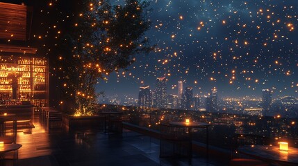 Fototapeta premium glowing firefly trails at a rooftop bar background