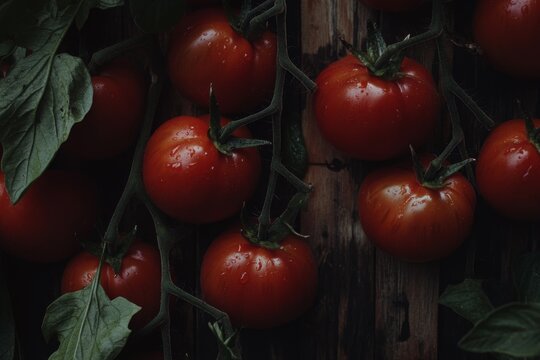 Fresh, ripe tomatoes on the vine, glistening with moisture,  resting on a rustic wooden surface