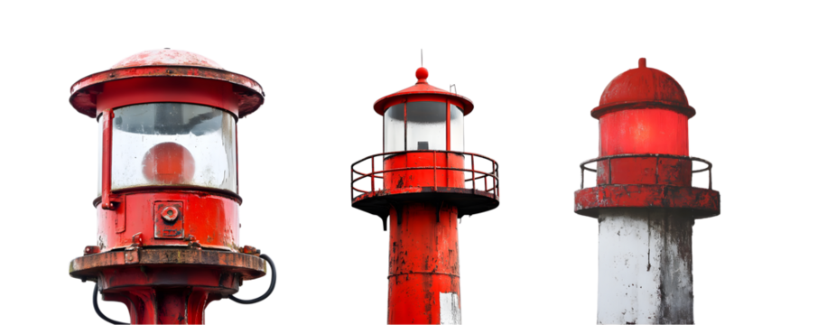 Set of weathered navigational towers, displaying different structures, stand in an outdoor scene.