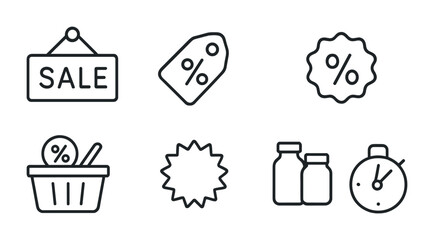Retail shopping linear icons set – line, outline, commerce and discount symbols