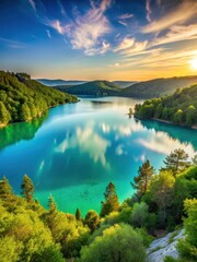 Fototapeta premium Panoramic view of Lac Dziani at sunset with lush greenery and turquoise waters