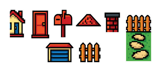 Obraz premium Home and garden pixel art icons set – outline, yard, exterior design elements