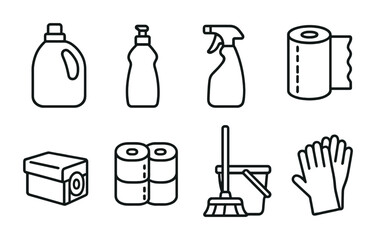 Fototapeta premium Cleaning and hygiene outline icons set – linear, household, sanitation essentials