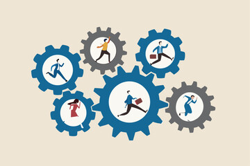 Teamwork collaborate to achieve business goal, team members help and support, cooperate or partnership concept, businessman and woman running on cogwheel or gears rotate in sync to get work done.