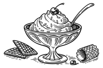 76 black and white sketch, detailed, ice cream sundae in glass bowl, whipped cream, cherry on top, waffle cone pieces, ice cream scoop, ornate glass bowl, high detail, old fashioned, vintage, engraved