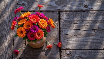 Colorful Bouquet of Zinnias in a Vase on Rustic Wooden Table with Natural Light and Shadows