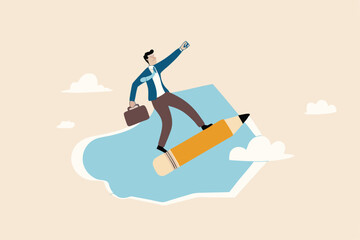 Creativity idea lead the way, education or knowledge help career development, writing skill or artist mindset concept, smart businessman riding pencil rocket flying high into the sky.