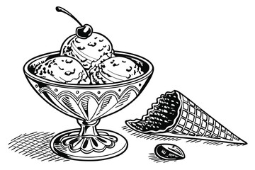 76 black and white sketch, detailed, ice cream sundae in glass bowl, whipped cream, cherry on top, waffle cone pieces, ice cream scoop, ornate glass bowl, high detail, old fashioned, vintage, engraved