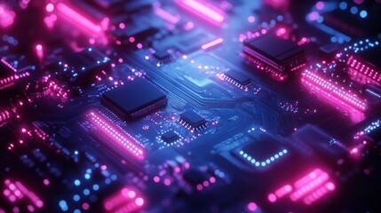 Obraz premium Vibrant Abstract Technology Background with Colorful Neon Lights and Microchips on Circuit Board