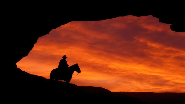 Silhouette of cowboy on horseback at sunset in cave entrance