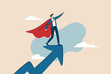 Success leadership leading business growth strategy, company hero who succeed in work and achieve career growth concept, confident businessman superhero with powerful red cape stand on growth arrow