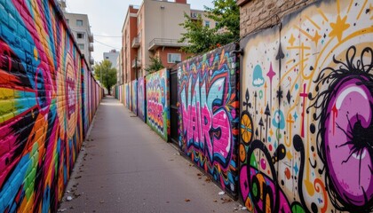 Fototapeta premium Colorful Graffiti Adorning Urban Walls in a Vibrant City Alley with Artistic Expressions