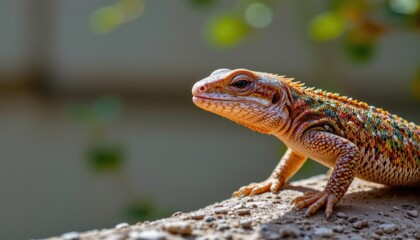 Colorful Lizard Basking in Sunlight on a Rock Surrounded by Greenery in Natural Habitat