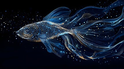 Abstract Fish Made of Dots: A fish swimming, with its body made of swirling blue and silver dots connected by fine lines, mimicking scales and fins. 
