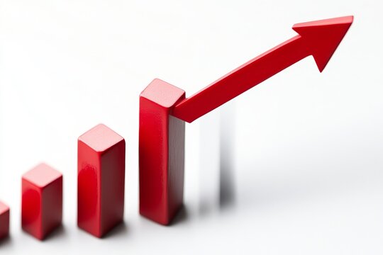 Closeup Red Financial Chart Uptrend - Symbolizing growth, success, investment, profit, and upward trajectory in business. A closeup shot of a rising red bar graph illustrates financial success