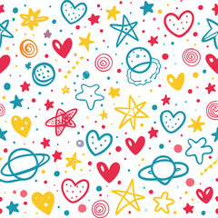 Colorful kids' pattern with hearts, stars, and planets