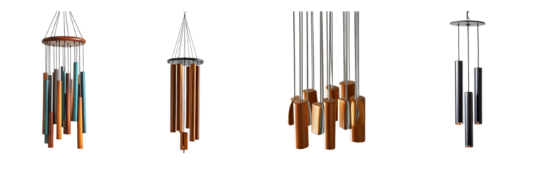 Collection of different wind chimes featuring varied colors and styles, set against a transparent background