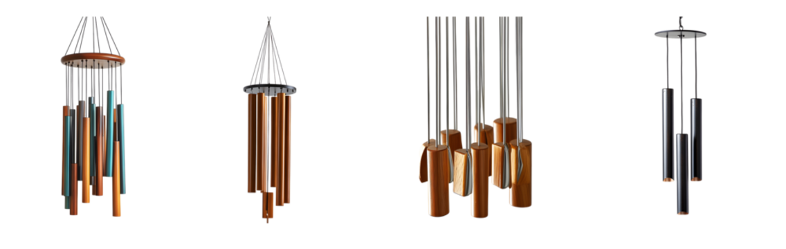 Collection of different wind chimes featuring varied colors and styles, set against a transparent background