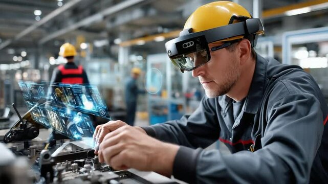 Innovation at Work: A worker utilizes augmented reality (AR) glasses within a dynamic industrial setting. The image reflects cutting-edge technology blending with traditional craftsmanship. 