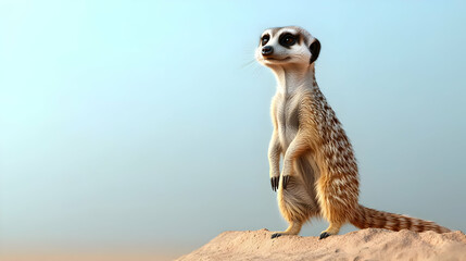 Fototapeta premium Meerkat Standing On Sand Dune Against Light Blue Sky