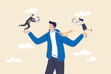 Employee voice, listen to colleague opinion or idea, choose to believe in truth, fact or liar team member concept, businessman manager or boss listening to employees shouting on both his hands.