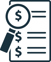 Magnifying glass showing dollar sign on financial report document icon