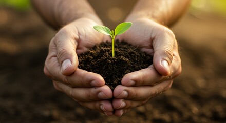Nurturing New Life: Hands Gently Cradle a Delicate Sprout Emerging from Rich Soil, Symbolizing Growth, Hope, and Environmental Stewardship