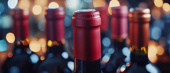 Close-up of wine bottles with burgundy caps.