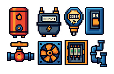 Industrial machinery icons set &ndash; pixel art, equipment and engineering tools