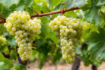 Fototapeta premium Bunches of white grapes hanging from vine in vineyard