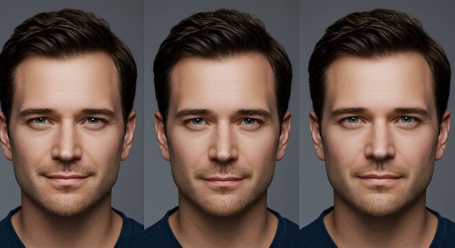 Triple Portrait of a Man with Subtle Variations in Expression