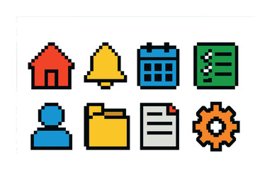 Naklejka premium Office and workspace icons set in pixel art – work, productivity, organization graphics