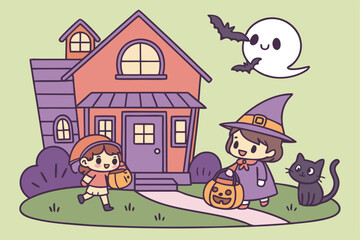Fototapeta premium 78 cartoon, chibi style, halloween illustration, witch, black cat, pumpkin, ghost, bats, haunted house, cartoon characters, vector graphics, bright colors, digital art