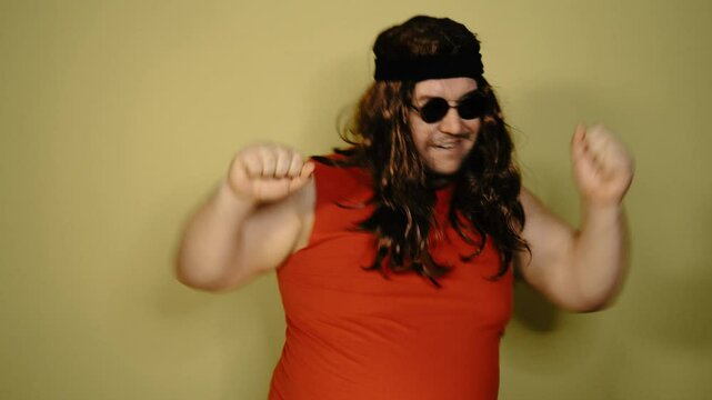 Funny fat man dreams of vacation.