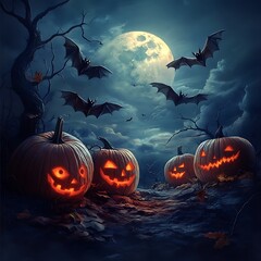 Spooky Halloween Scene with Pumpkins, Bats, and Full Moon Glow